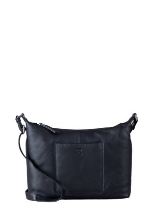 Black leather crossbody bag with a smooth texture, rectangular shape, adjustable strap, and a front pocket featuring embossed logo detail.