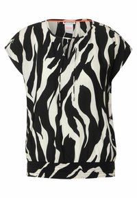 Schwarzes und weißes kurzärmeliges Oberteil mit Zebradruck, mit V-Ausschnitt und gerafftem Taillendetail aus einem leichten Material.