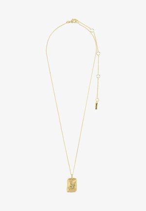 Zlatý náhrdelník s texturovaným obdélníkovým přívěskem, zdobeným květinovým vzorem a malými drahokamy. Řetízek má nastavitelné délky.