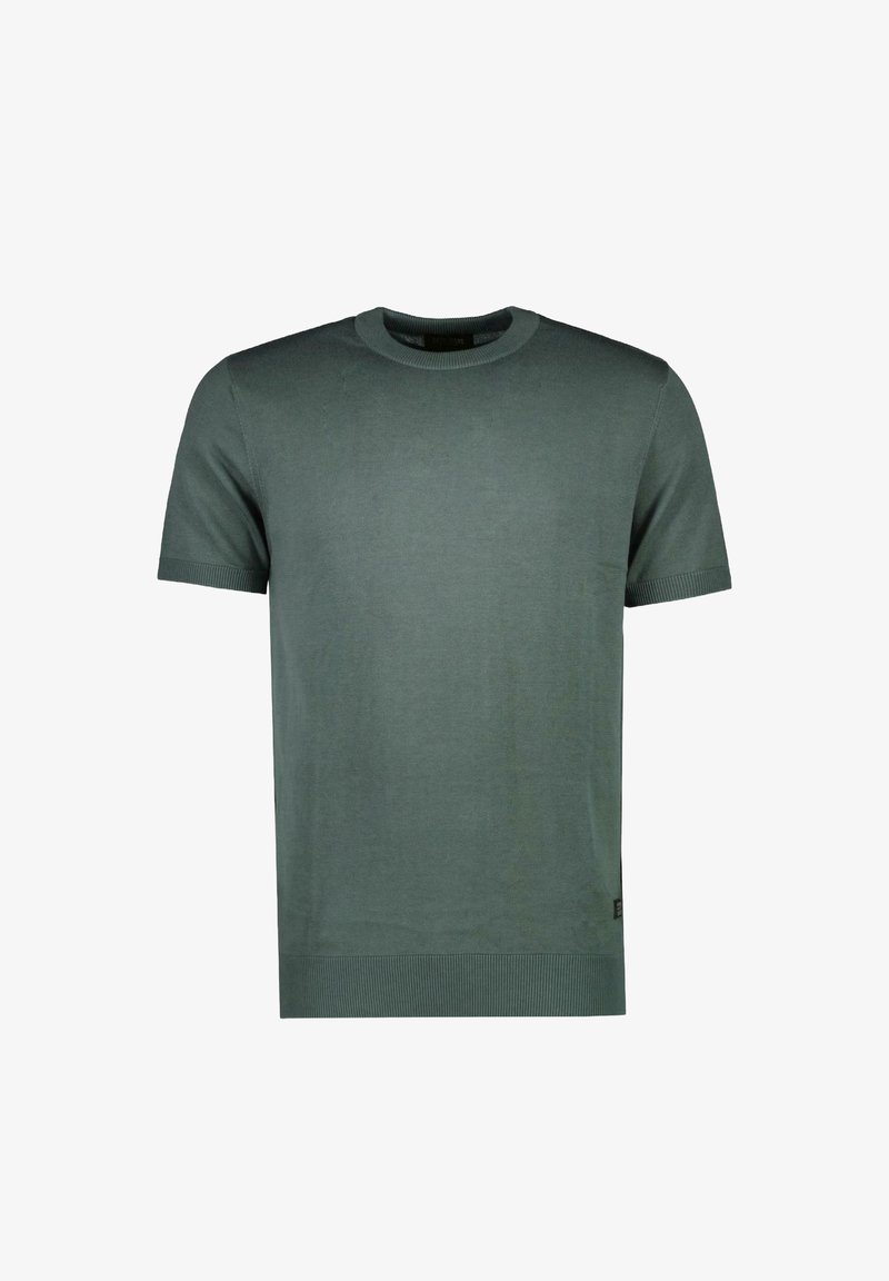 Korte mouwen T-shirt met ronde hals in donkergroen katoenmix, met een gladde textuur, ribbelhals en zoom.