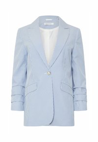 Ljust blå randig kavaj med en enda knappstängning, fyrkantiga slag och två framfickor. Tillverkad av ett strukturerat tyg med rullade ärmar.