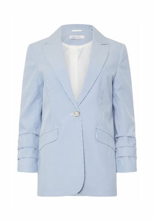 Lichtblauwe gestreepte blazer met een enkele knoopsluiting, geknipte revers en twee voorzakken. Gemaakt van een gestructureerde stof met opgerolde mouwen.