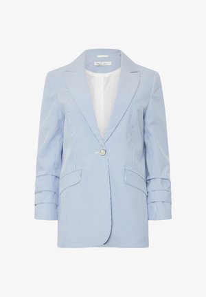 Blazer rayé bleu clair avec une fermeture à un seul bouton, des revers, et deux poches avant. Fabriqué dans un tissu texturé avec des manches retroussées.