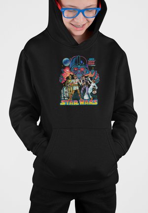 Felpa nera con cappuccio che presenta una grafica colorata di Darth Vader e personaggi di Star Wars, con il testo "STAR WARS" in basso.