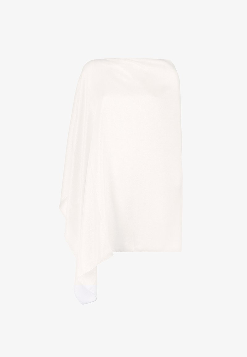Top bianco asimmetrico realizzato in tessuto leggero, con design drappeggiato, bordi morbidi e silhouette fluida.