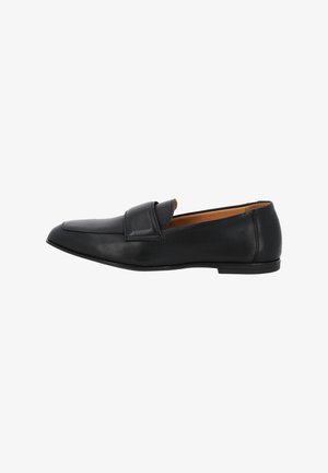 Black leather loafer with a low profile, rounded toe, and a stitched seam detail on the upper. Smooth texture and minimal embellishments.