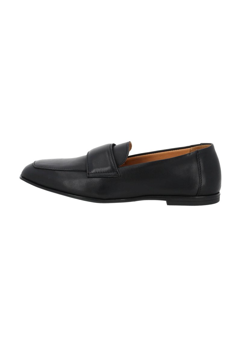 Zwarte leren loafer met een laag profiel, ronde neus en een gestikte naaddetails op de bovenkant. Soepele textuur en minimale versieringen.