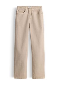 Pantaloni beige a gamba dritta con bottone frontale e cerniera, tasche frontali e taschino porta-monete, realizzati in tessuto stile denim, disposti distesi su sfondo bianco.