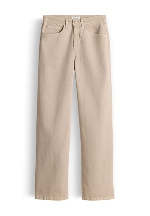 Pantaloni beige a gamba dritta con bottone frontale e cerniera, tasche frontali e taschino porta-monete, realizzati in tessuto stile denim, disposti distesi su sfondo bianco.