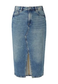 Jupe crayon en denim bleu clair avec une fente à l'avant, design à cinq poches et taille standard avec bouton à fermeture.