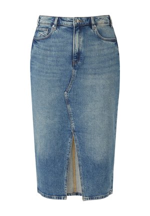 Jupe crayon en denim bleu clair avec une fente à l'avant, design à cinq poches et taille standard avec bouton à fermeture.