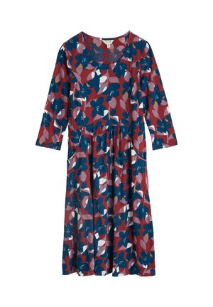 Vestido de manga larga en color burdeos, adornado con un patrón floral en azul, rosa y blanco; cuenta con una cintura fruncida y bolsillos laterales.