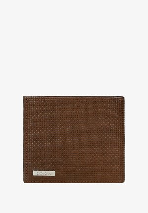 Brown woven leather wallet with a rectangular shape, textured surface, and a silver logo accent on the lower front.