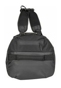 Sac à dos noir avec bretelles rembourrées, poche zippée supérieure et poignée horizontale sur fond blanc.