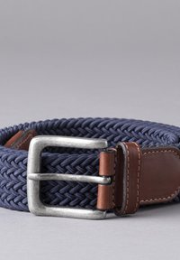 Navy woven belt with a silver metal buckle and brown leather accents, featuring a textured design and adjustable fit.