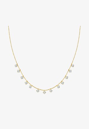 Arany láncnyaklánc, melyen váltakozó, kerek és négyzet alakú, tiszta gyémántok találhatóak, egyenletes távolságra elhelyezve a hossz mentén.