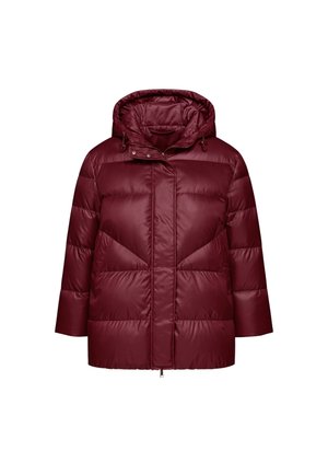 Giacca imbottita color bordeaux con cappuccio, dotata di chiusura con zip e bottoni a pressione. Progettata con pannelli trapuntati e vestibilità comoda.