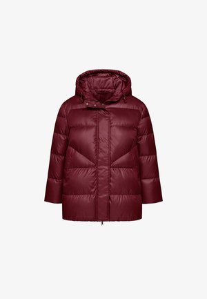 Giacca imbottita color bordeaux con cappuccio, dotata di chiusura con zip e bottoni a pressione. Progettata con pannelli trapuntati e vestibilità comoda.