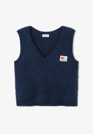 Navy zila, bez piedurknēm adīta veste ar V veida dekoltē un mīkstu, pūkainu tekstūru. Iekļauj logotipa birku priekšpusē.