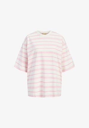 Weißes oversized Kurzarmhemd mit dünnen horizontalen pinken Streifen und rundem Ausschnitt, auf weißem Hintergrund dargestellt.