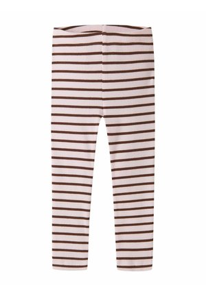 Leggings côtelés blancs et marron à rayures horizontales avec une ceinture élastique, conçus pour un enfant.