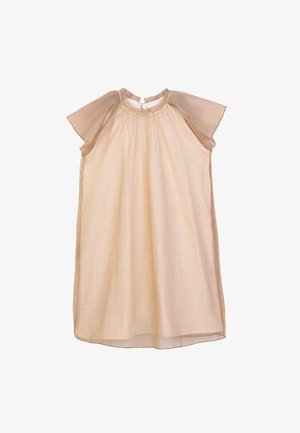 Abito beige chiaro con scollatura tonda e maniche corte a volante. Il tessuto è a coste e leggermente lucido, con un sottile filo dorato.