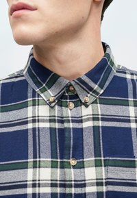 Blau kariertes Hemd mit grünen und weißen Linien, Button-Down-Kragen und Holzknöpfen. Der Stoff wirkt weich mit einer strukturierten Oberfläche.