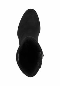 Svart mockaskinn ankle boot med rund tå och slät yta. Har en sidodragkedja och en minimalistisk design. Interiören är mörk, med en strömlinjeformad form.