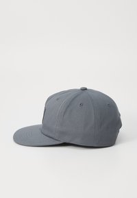 Căciulă de baseball gri cu o margine plată, din material de bumbac, design cu șase panouri și un patch cu logo brodat în față.