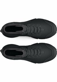Black athletic shoes featuring a textured mesh upper, reinforced toe, and rubber sole. Laces and a padded collar are included.