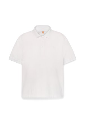 Polo bianca in cotone con collo a tinta, polsini a costine, abbottonatura con due bottoni e un sottile logo ricamato sul petto.