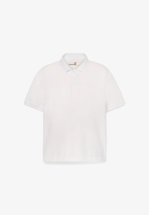 Polo bianca in cotone con collo a tinta, polsini a costine, abbottonatura con due bottoni e un sottile logo ricamato sul petto.