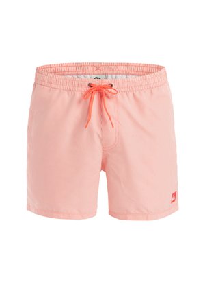 Koralovo pruhované plavky vyrobené z ľahkej tkaniny, s elastickým pásom a nastaviteľnou šnúrkou, a malou nášivkou s logom.