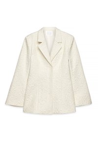 Blazer blanc texturé avec un col cranté, des manches longues et un motif floral. Présente une coupe structurée et une doublure lisse.