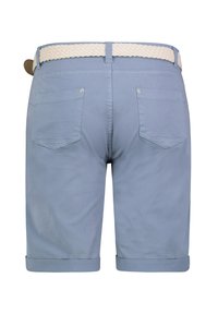 Light blue shorts with a braided white belt, featuring two back pockets, rolled cuffs, and a smooth fabric texture.