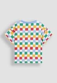 Short-sleeve T-shirt in cotton, featuring a multicolored checkerboard pattern in red, green, yellow, and blue on a white background.
