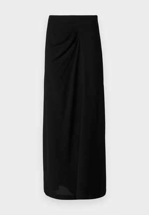 Jupe midi noire en tissu doux et drapé. Présente une taille froncée avec de légères plis, créant une silhouette fluide.
