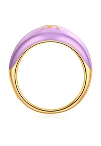 Purpura keramikas gredzens ar gludu, noapaļotu virsu un pulētu zelta joslu. Iekļauj mūsdienīgu, minimālistisku dizainu ar spīdīgām akcentiem.