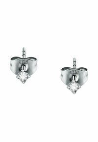 Ohrstecker aus Sterlingsilber mit einem quadratischen, klaren Zirkonia-Stein, der eine polierte Oberfläche und eine glatte, gewölbte Rückseite aufweist.