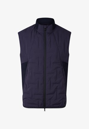 Marineblauw mouwloos vest met een hoge kraag, ritssluiting aan de voorkant en een doorgestikt patroon. Voorzien van zijpanelen van mesh voor ademend vermogen.