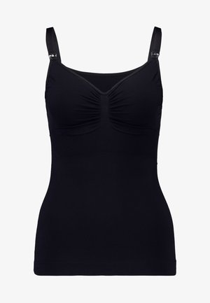 Zwarte top van rekbaar materiaal, met een gerimpelde voorkant, verstelbare bandjes en een aansluitende pasvorm. Geen zichtbare patronen of accenten.