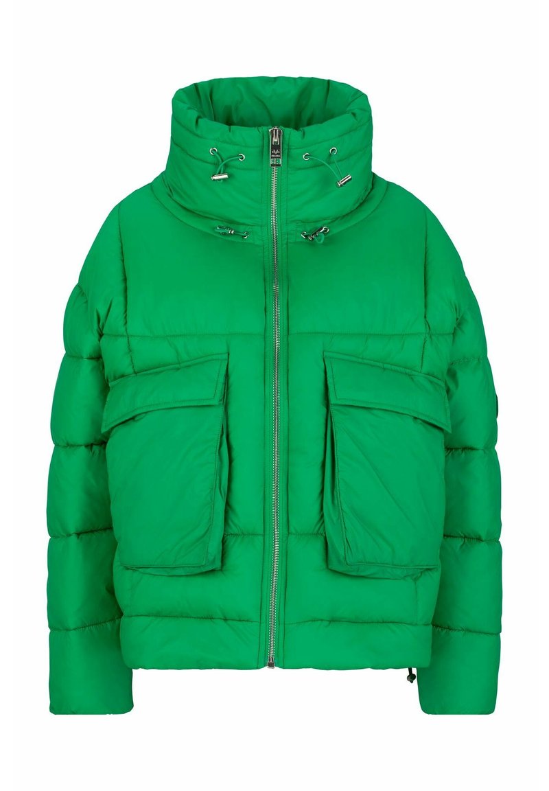 Grüne Daunenjacke mit hohem Kragen, Reißverschluss und zwei großen Vorderaschen. Verfügt über ein gesteppte Design und eine glatte Textur.