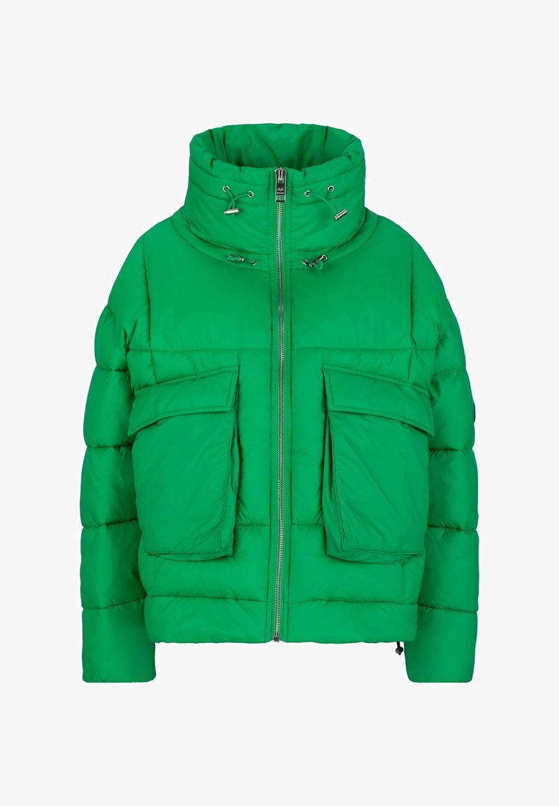 Grüne Daunenjacke mit hohem Kragen, Reißverschluss und zwei großen Vorderaschen. Verfügt über ein gesteppte Design und eine glatte Textur.