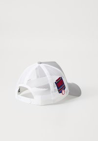 Grå caps med mesh bak, med en rød og blå brodert logo og detaljer. Justerbar stropp bak.