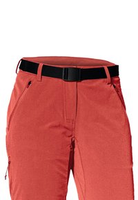 Pantalons en tissu extensible rouge avec une ceinture noire, dotés de zips latéraux et de poches, coupe ajustée et texture lisse.