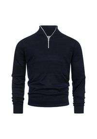 Navy-blauer Strickpullover mit einem halben Reißverschluss am Kragen, der strukturierte Streifen und gerippte Bündchen aufweist. Weicher Stoff mit einer glatten Oberfläche.