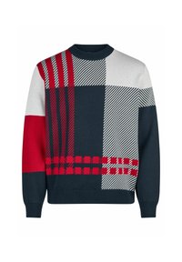 Gestrickter Pullover in einer Mischung aus Marineblau, Grau und Rot. Mit Streifen, Karos und kontrastierenden Texturen gemustert. Rundhalsausschnitt-Design.