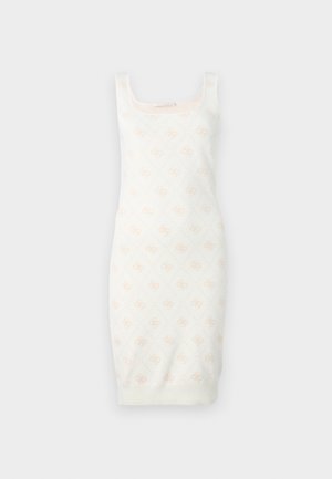 Robe en tricot couleur crème avec un motif floral subtil. Présente une coupe ajustée, un décolleté carré et un ourlet côtelé. Texture douce pour le confort.