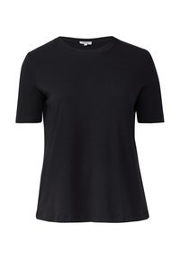 Schwarzes Kurzarm-T-Shirt aus glattem Baumwollstoff. Verfügt über einen klassischen Rundhalsausschnitt und eine lässige Passform ohne sichtbare Muster oder Verzierungen.