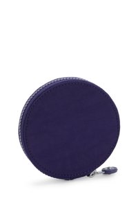 Round purple coin purse made of fabric with a smooth texture, featuring a zipper closure and a simple design without additional embellishments.